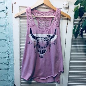Pink Tank w/ Crochet Detail and Cow Skull